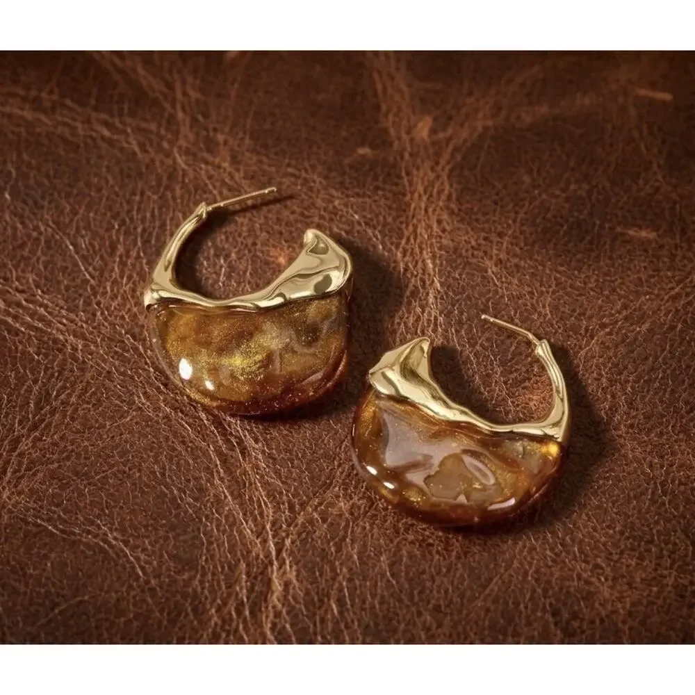 Amber Hoop Gold Molten Sculptural Stud Statement Boho Retro Solanales Retro VTG